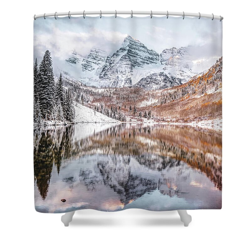 America Shower Curtain featuring the photograph Mountain Landscape Reflections of Maroon Bells Colorado by Gregory Ballos