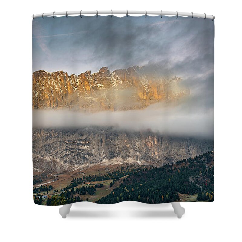 Dolomites Shower Curtain featuring the photograph Mountain peaks of Langkofel or Saslonch, mountain range in the by Michalakis Ppalis