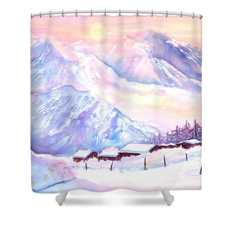 Mountain View Shower Curtain featuring the painting Mountain View Winter Landscape by Sabina Von Arx