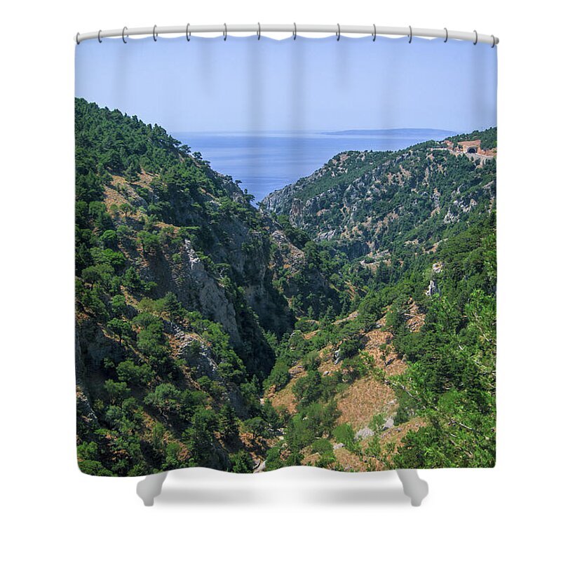 Landscape Shower Curtain featuring the photograph Mountains on the south coast of Crete by Sun Travels