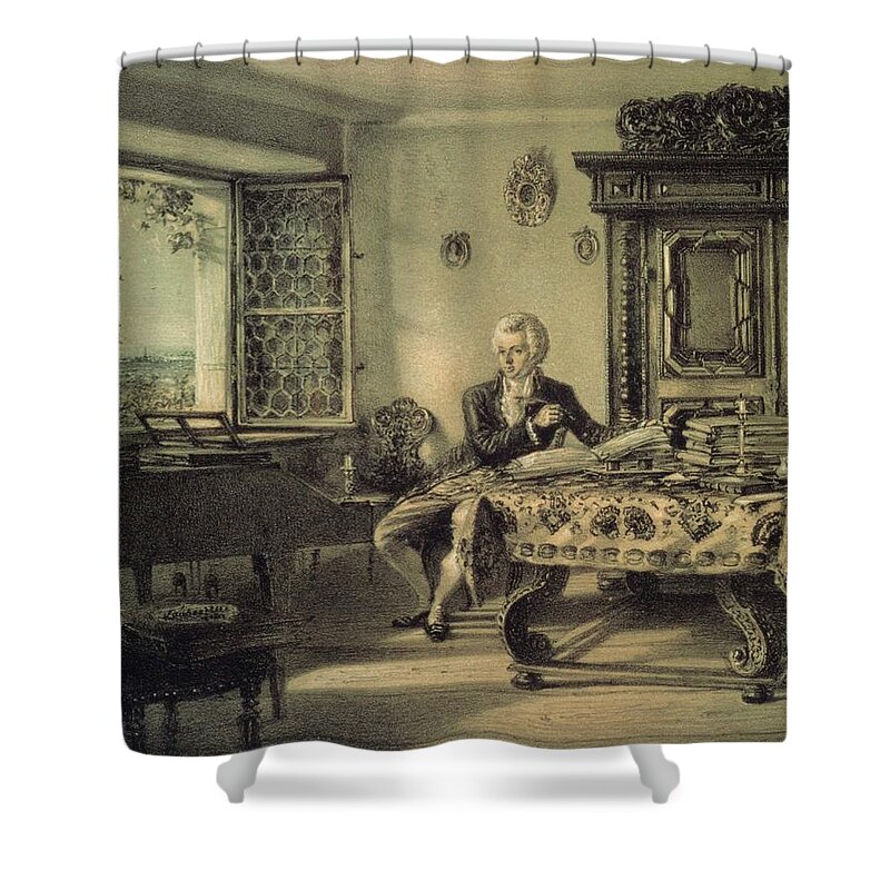 Johann Wolfgang Mozart Shower Curtain featuring the painting Mozart in his studio at Kahlenberg near Vienna, working on the 'Magic Flute'.-Lithograph by Rudol... by Album