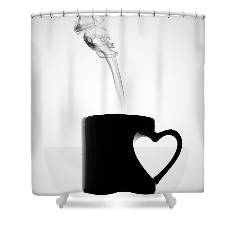 White Background Shower Curtain featuring the photograph Mug Of Coffee With Handle Of Heart Shape by Saulgranda