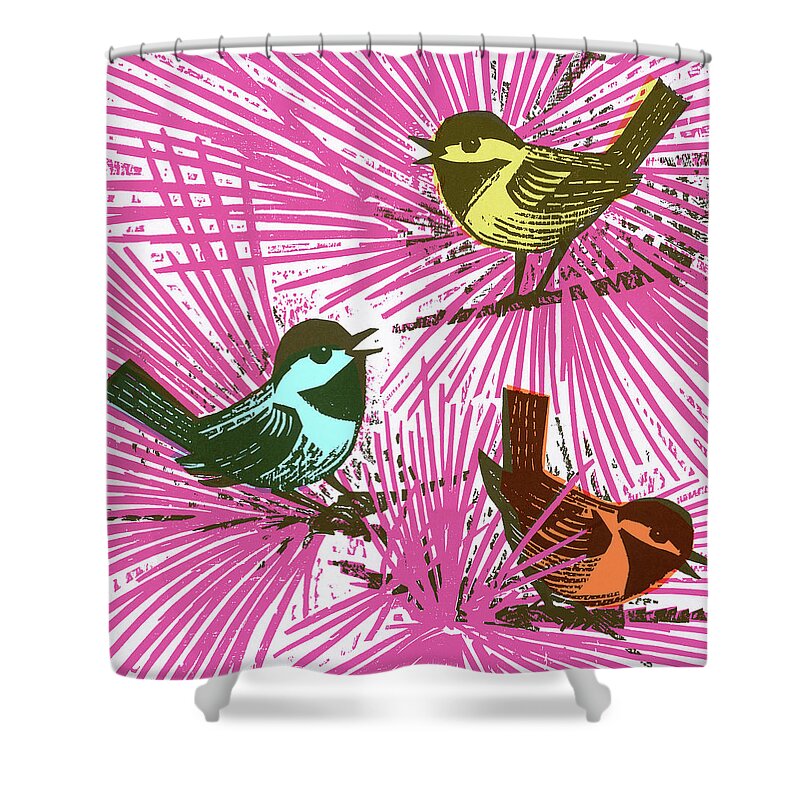 Animal Shower Curtain featuring the drawing Multicolored Birds in Tree by CSA Images