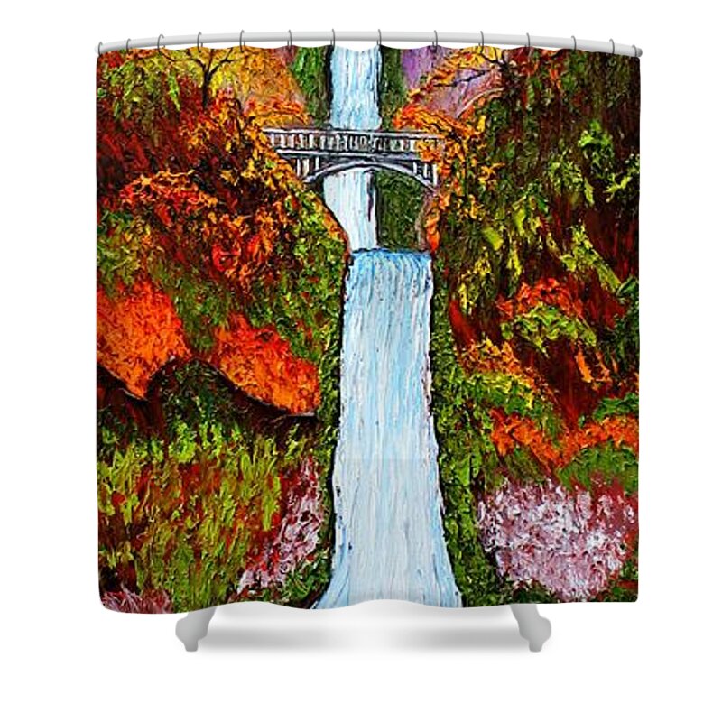  Shower Curtain featuring the painting Multnomah Falls Water Bridge Of Autumn #2 by James Dunbar