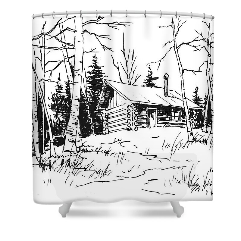 Cabin Shower Curtain featuring the drawing My Cabin In The Woods by Kevin Heaney