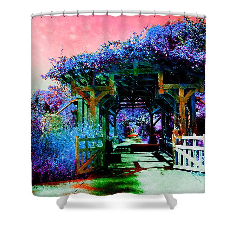 Garden Shower Curtain featuring the mixed media My Fantasy Garden Spot by Stacie Siemsen