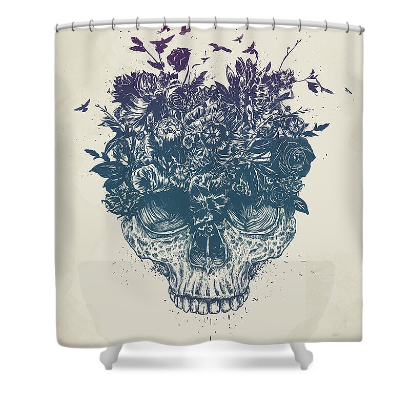Skull Shower Curtain featuring the drawing My head is jungle by Balazs Solti