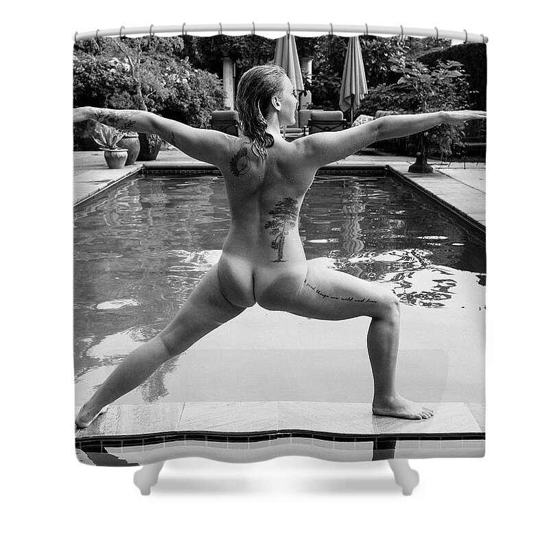 Photography Shower Curtain featuring the photograph Naked Woman With Tattoos Posing On Edge by Panoramic Images