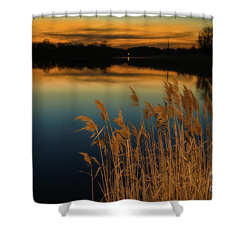 Rural Shower Curtain featuring the photograph Sunset at Reedy Point Pond Rustic Landscape / Nature Photograph by PIPA Fine Art - Simply Solid