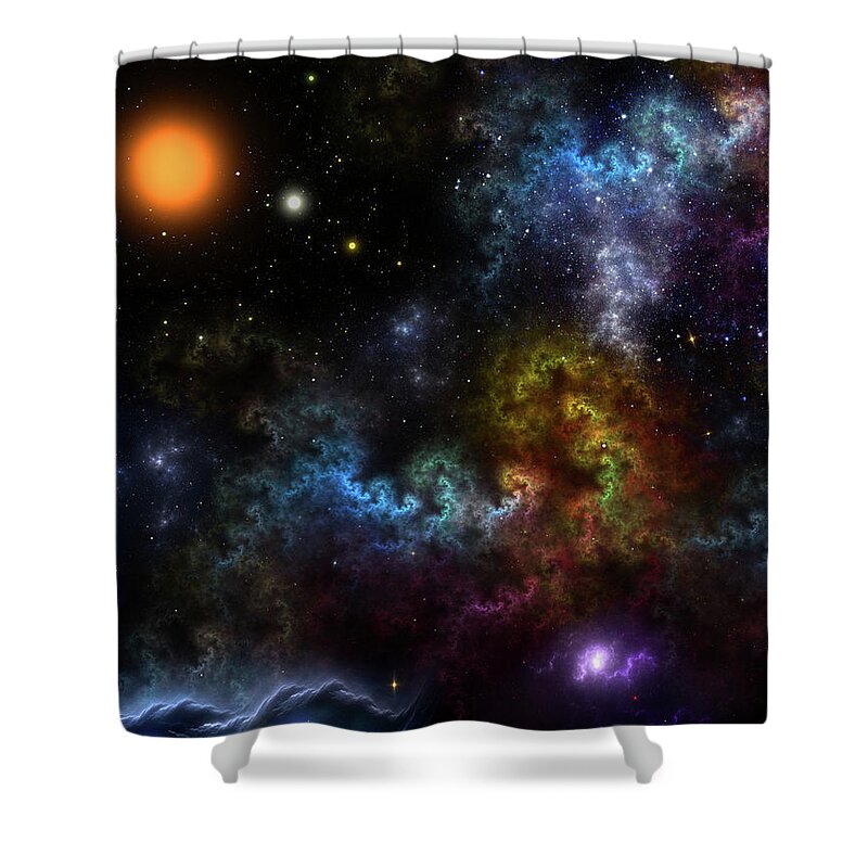 Fractals Shower Curtain featuring the digital art Nebula Menagerie Fractal Space Art by Rolando Burbon