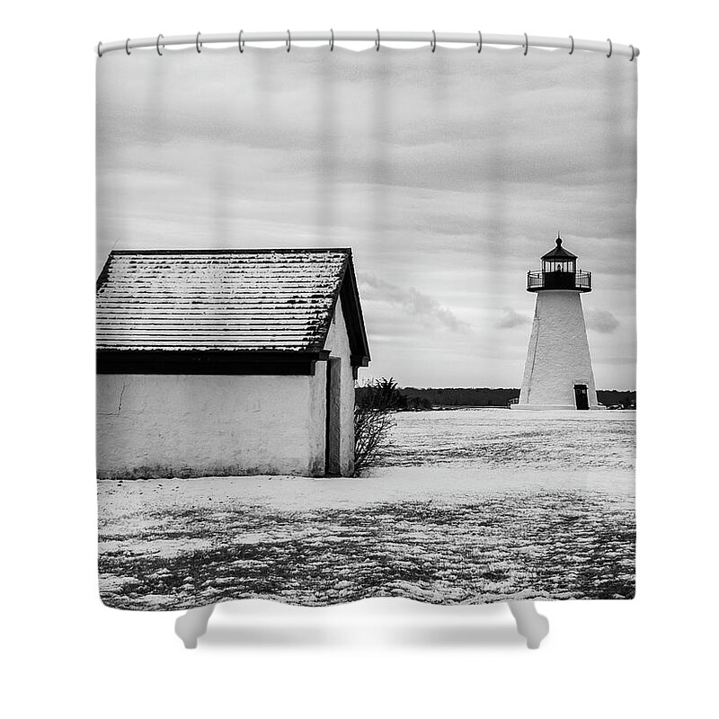 Ned Point Lighthouse Shower Curtain featuring the photograph Neds Point Lighthouse Mattapoisett MA BW by David Gordon