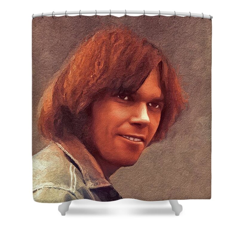 Neil Shower Curtain featuring the painting Neil Young, Music Legend by Esoterica Art Agency