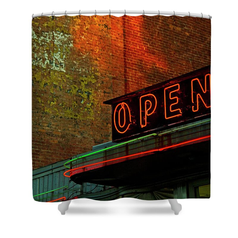 Built Structure Shower Curtain featuring the photograph Neon Open Sign On Old Diner Hotel by Matt Champlin