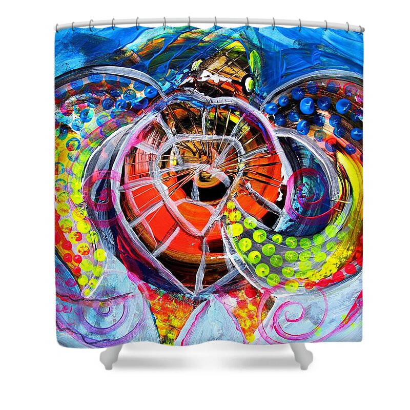 Seaturtle Shower Curtain featuring the painting Neon Sea Turtle, Wake and Drag by J Vincent Scarpace