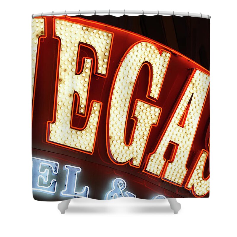 Hotel Shower Curtain featuring the photograph Neon Sign Displaying Vegas by Nash Photos
