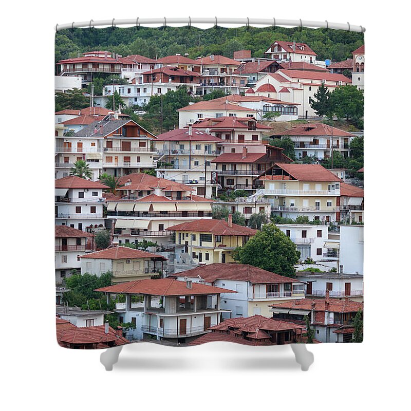 Greece Shower Curtain featuring the photograph New Panteleimon Village, Greece by Anna Pekunova