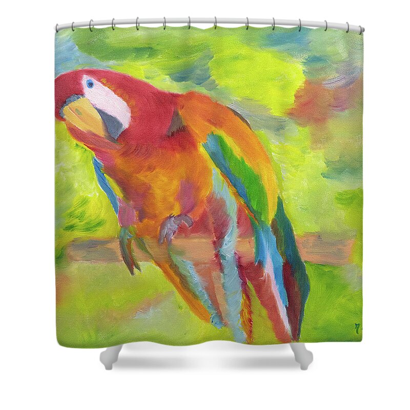 Red Macaw Shower Curtain featuring the painting Curiousity by Meryl Goudey