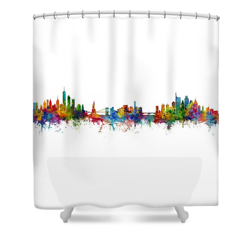 New York Shower Curtain featuring the digital art New York and Philadelphia Skylines Mashup by Michael Tompsett