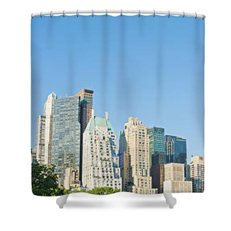 Downtown District Shower Curtain featuring the photograph New York Banner Blue Midtown Manhattan by Fotovoyager
