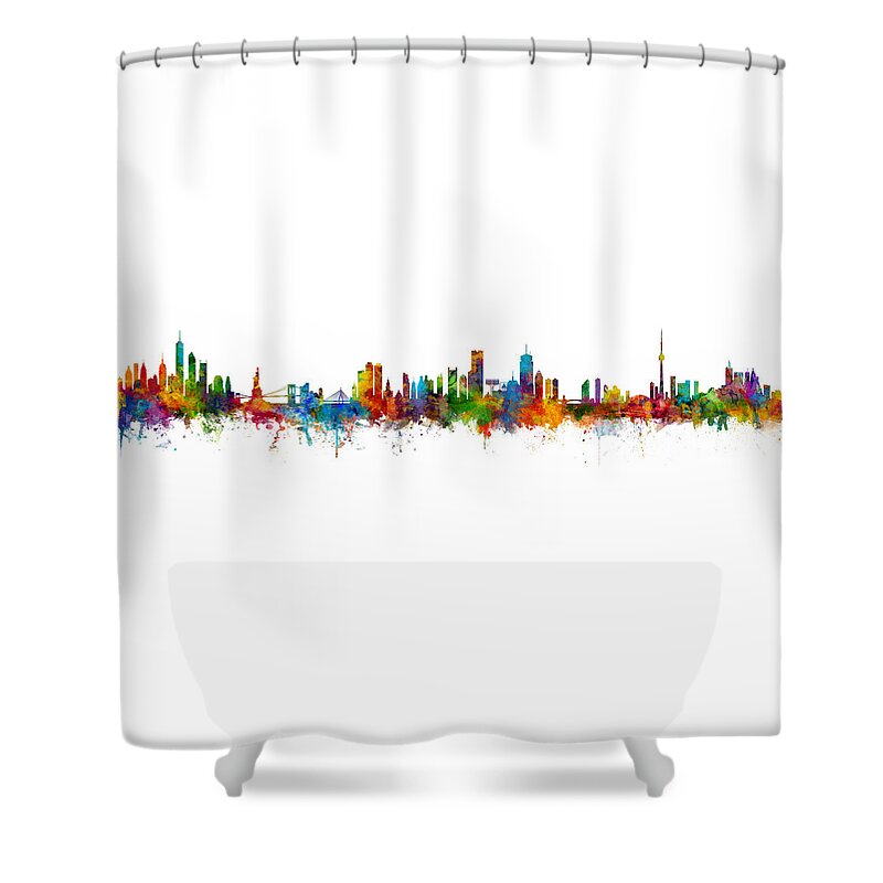 Toronto Shower Curtain featuring the digital art New York, Boston, Toronto Skylines Mashup by Michael Tompsett