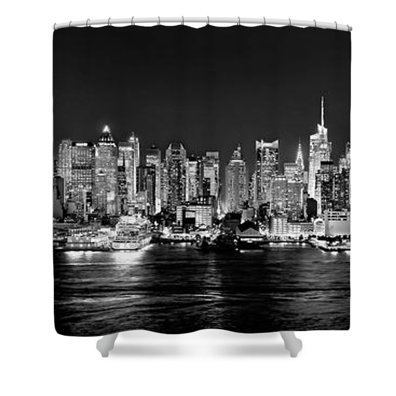 New York City Skyline At Night Shower Curtain featuring the photograph New York City NYC Skyline Midtown Manhattan at Night Black and White by Jon Holiday