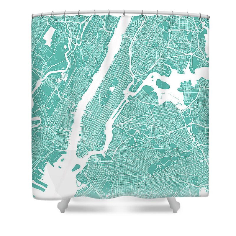 New York Shower Curtain featuring the digital art New York map teal by Delphimages Map Creations