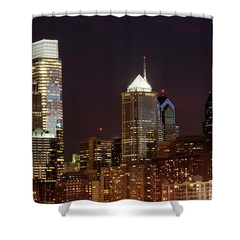 Downtown District Shower Curtain featuring the photograph Night Time Illuminated Skyline Of by Travelif
