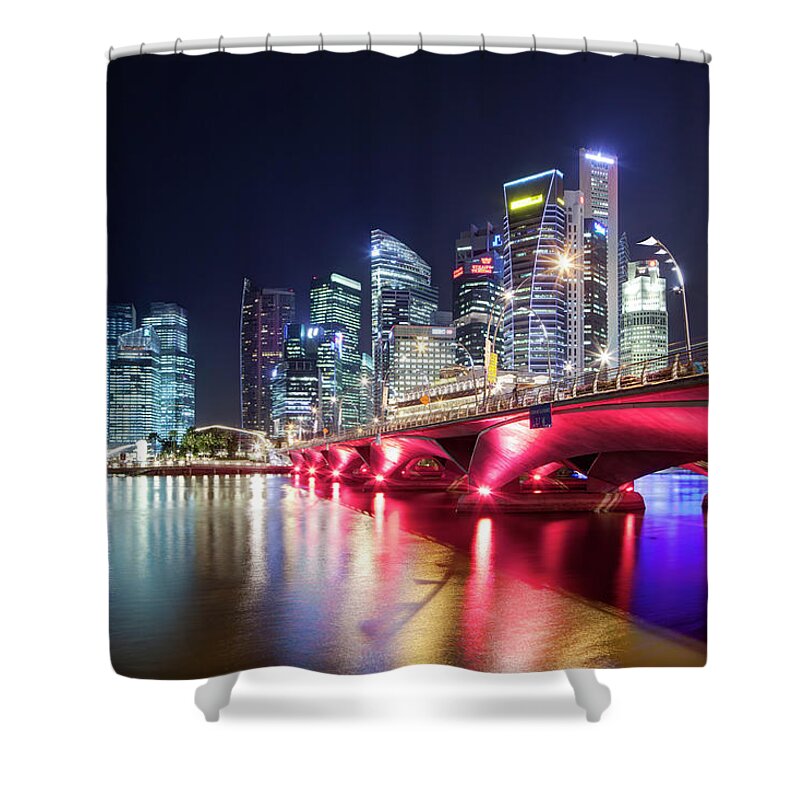 Built Structure Shower Curtain featuring the photograph Night View Over Marina Bay To Singapore by David Clapp
