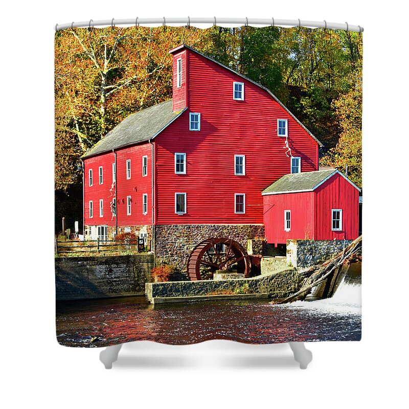 Clinton New Jersey Shower Curtain featuring the photograph NJ Red Mill and Autumn Gold by Regina Geoghan
