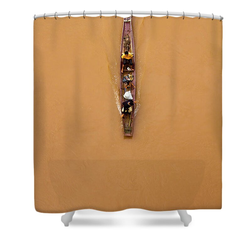 Child Shower Curtain featuring the photograph Nong Khiaw, Taxi Boat On The Mekong by Jean-claude Soboul