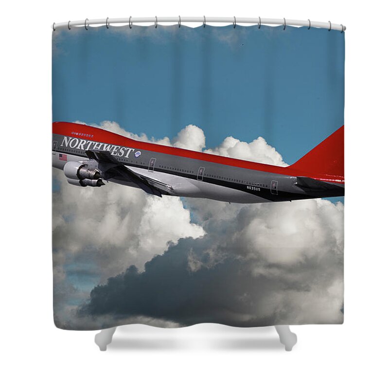 Northwest Airlines Shower Curtain featuring the photograph Northwest Airlines Boeing 747 Takeoff in the Clouds by Erik Simonsen