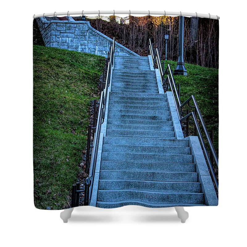 Centennial Stairs Shower Curtain featuring the photograph Norwich University Centennial stairs with Dates by Jeff Folger