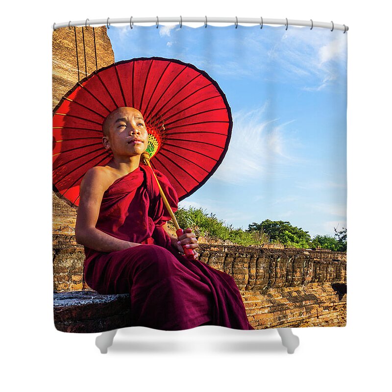 Boy Shower Curtain featuring the photograph Novice Monk In The Sun by Ann Moore
