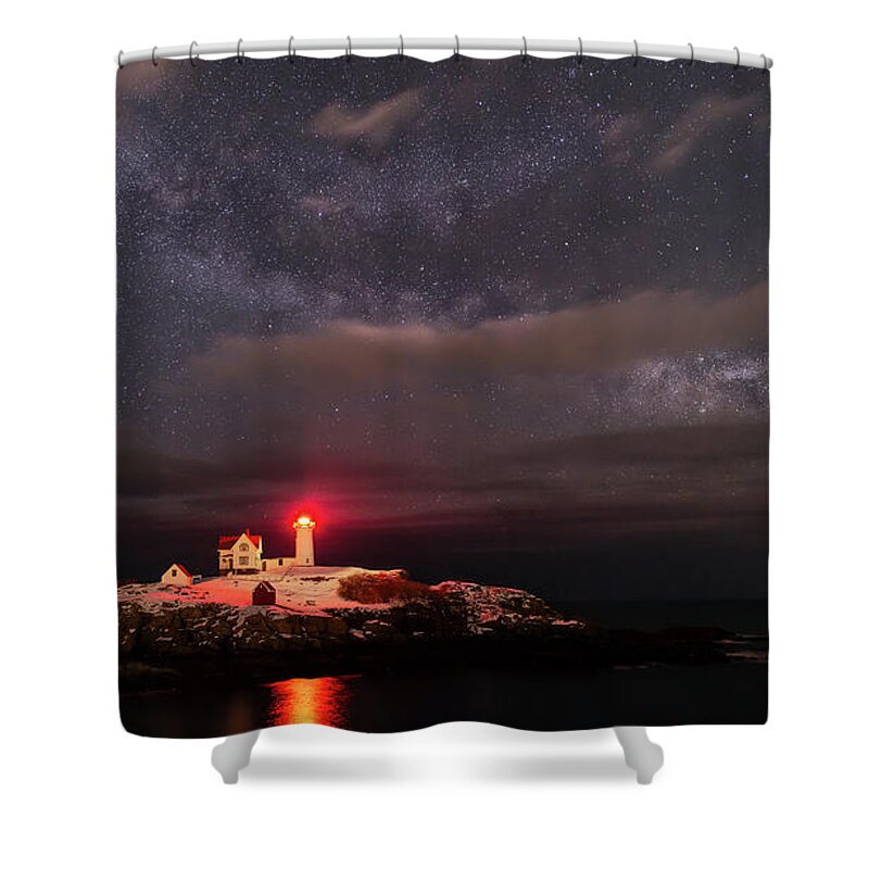 Nubble Lighthouse Shower Curtain featuring the photograph Nubble Light at Night by Mark Papke