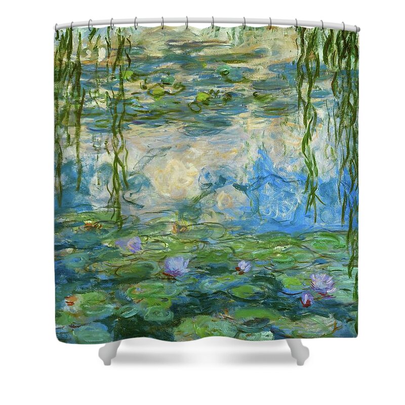 Claude Monet Shower Curtain featuring the painting Nympheas,1916-1919 Canvas,150 x 200 cm Inv. 51 64. by Claude Monet -1840-1926-
