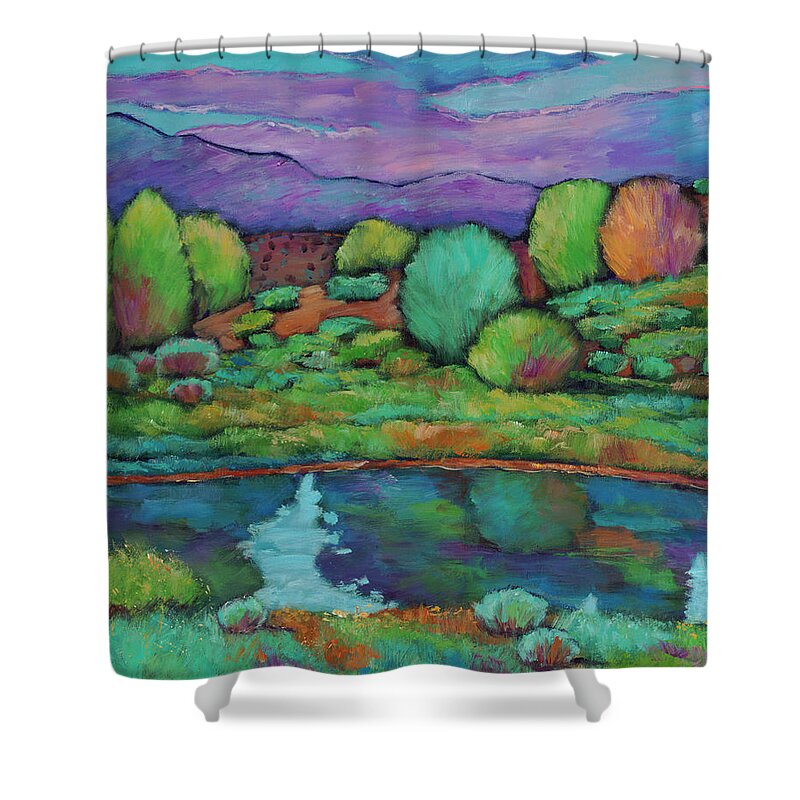 New Mexico Shower Curtain featuring the painting Oasis by Johnathan Harris