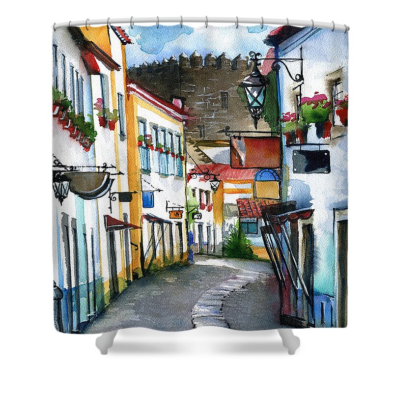 Portugal Shower Curtain featuring the painting Obidos Portugal by Dora Hathazi Mendes