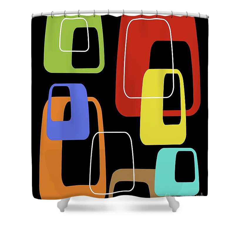 Mid Century Modern Shower Curtain featuring the digital art Oblongs on Black 3 by Donna Mibus