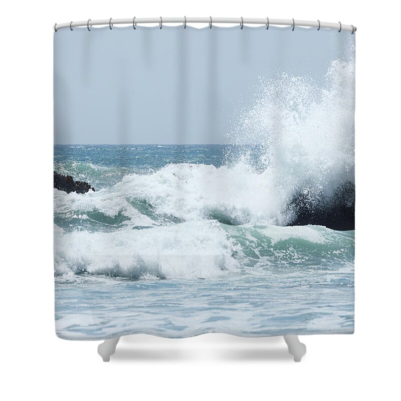 Water's Edge Shower Curtain featuring the photograph Ocean Wave Smashing Aginst Black by Arturbo