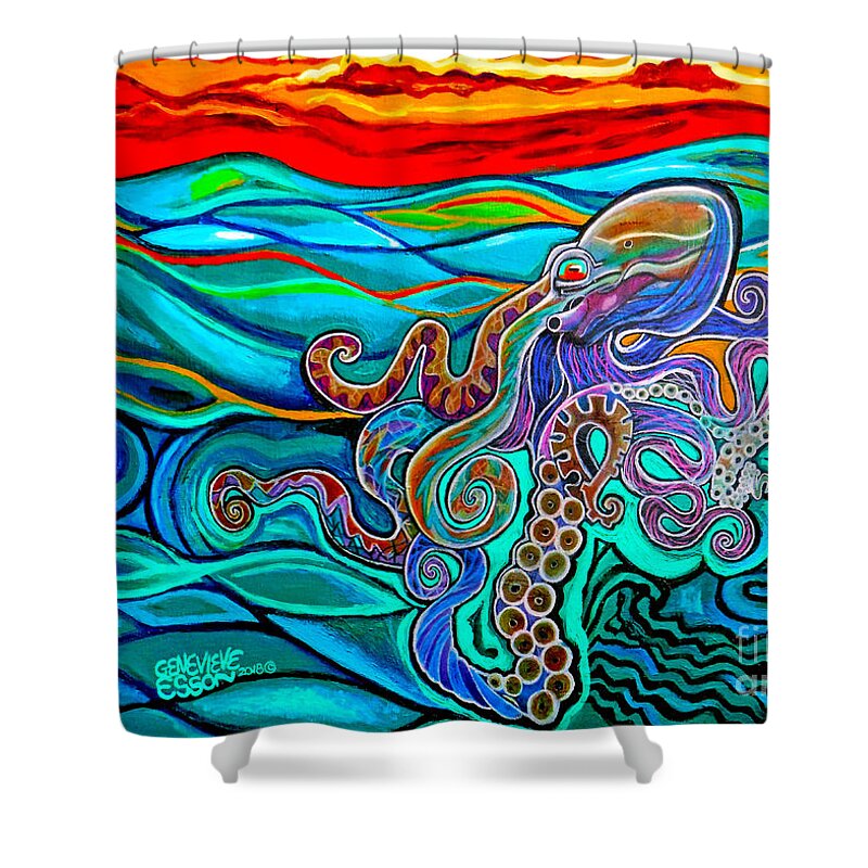 Animal Shower Curtain featuring the painting Octopus At Sunset by Genevieve Esson