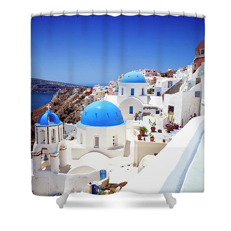 Saint George Church Shower Curtain featuring the photograph Oia Ia Village On Santorini Island by Mbbirdy