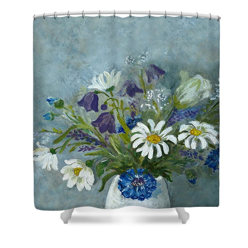 Vase Shower Curtain featuring the digital art Oil Painted Wild Flowers On Blue by Mitza