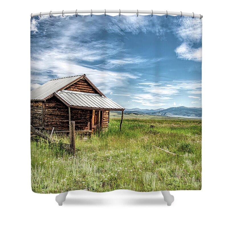 Shack Shower Curtain featuring the photograph Old Cabin in the Mountains by Lowell Monke