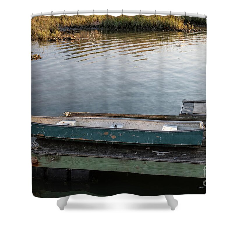 Canoe Shower Curtain featuring the photograph Old Canoe on Dock in Shem Creek by Dale Powell