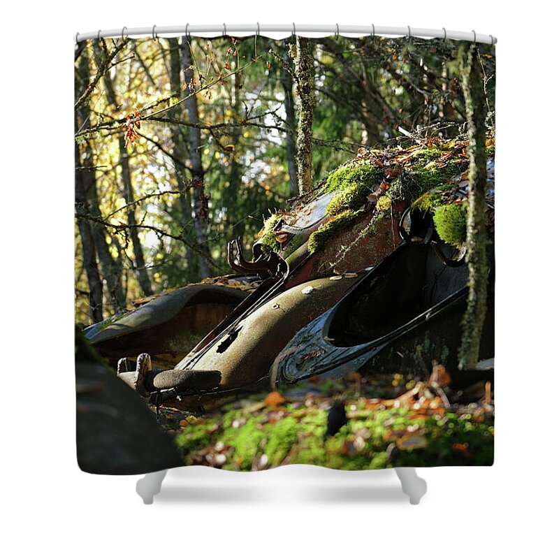 Sweden Shower Curtain featuring the pyrography Old cars by Magnus Haellquist