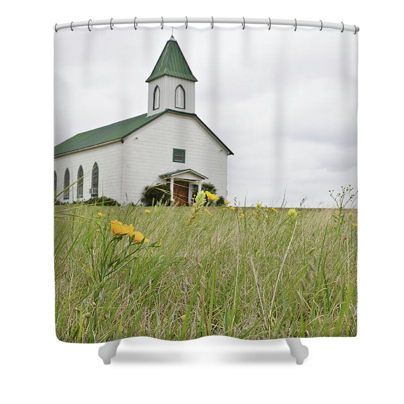 Grass Shower Curtain featuring the photograph Old Church On The Prairie by Shannonforehand