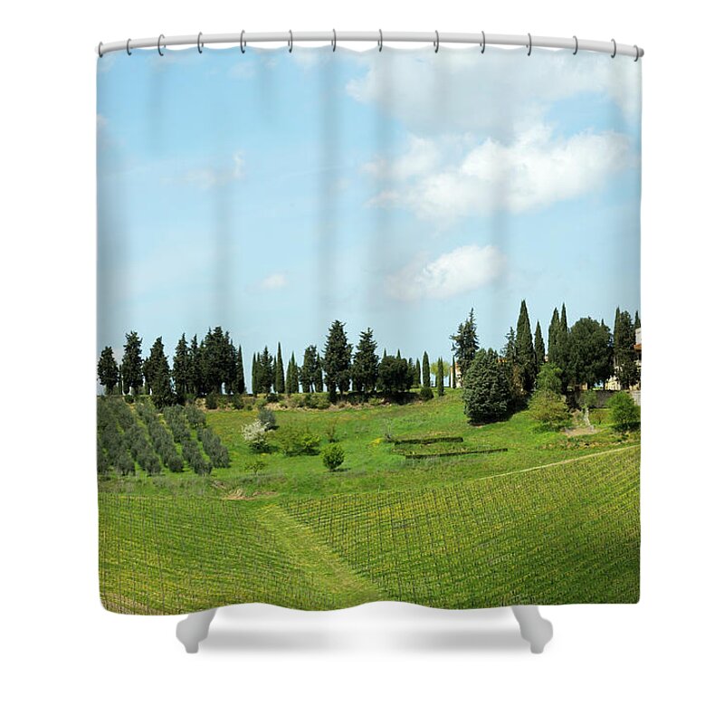 Scenics Shower Curtain featuring the photograph Old Farmhouse And Vineyard Landscape by Lisa-blue