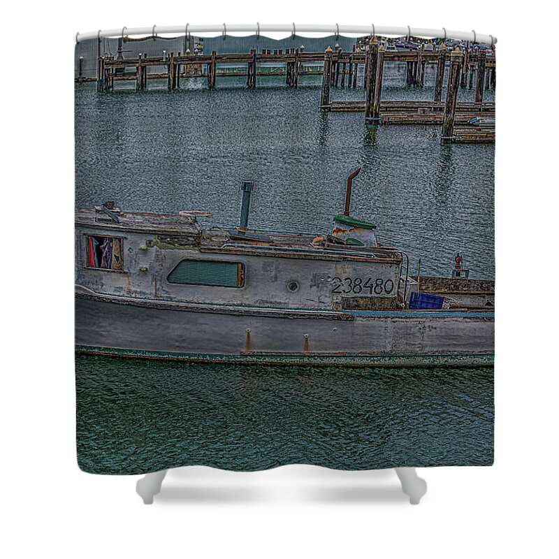 Bay Shower Curtain featuring the photograph Old Fishing Boat Tied to Pier by Darryl Brooks