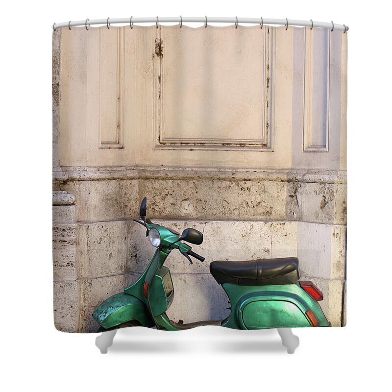 Old Town Shower Curtain featuring the photograph Old Green Scooter Parked In Rome, Italy by Romaoslo