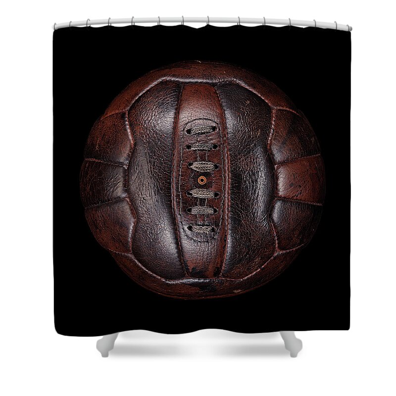 Ball Shower Curtain featuring the photograph Old Leather Football On Black by Justin Lambert